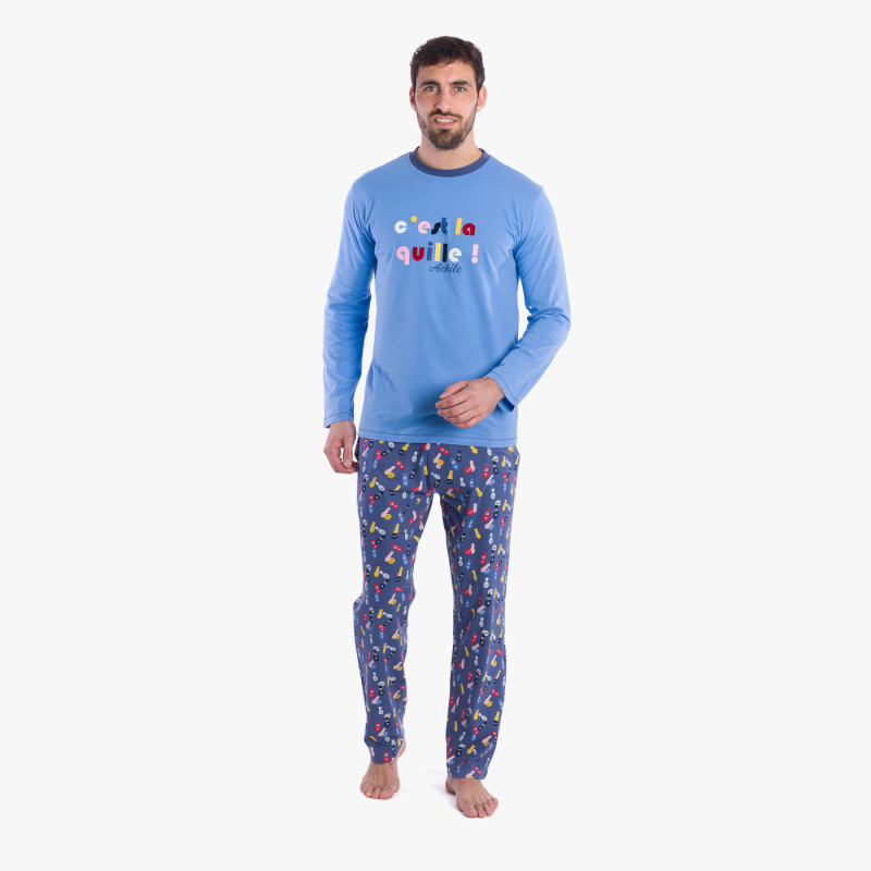 Pyjama long homme C'est la quille haut bleu ciel et le bas semi de quilles de bowling.