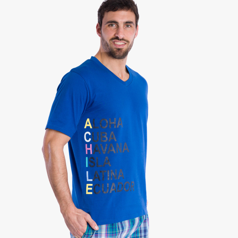 Pyjama court pour homme Aloha t-shirt bleu et short carreaux Pyjama court pour homme Aloha t-shirt bleu et short carreaux