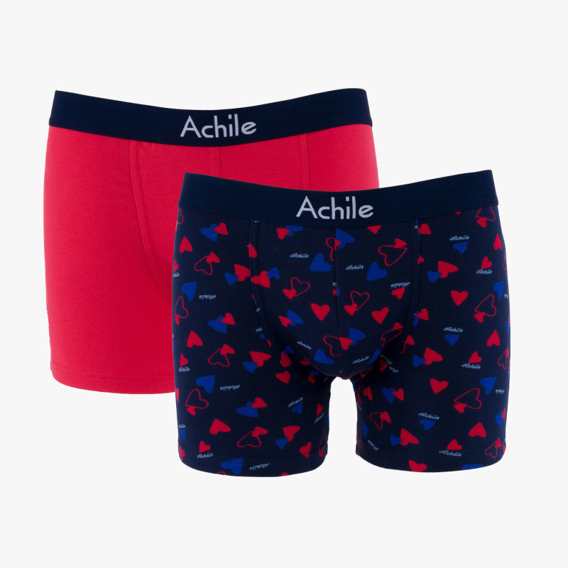 Lot de 2 shortys homme Achile et sa bande en coton biologique semi de coeurs et uni rouge